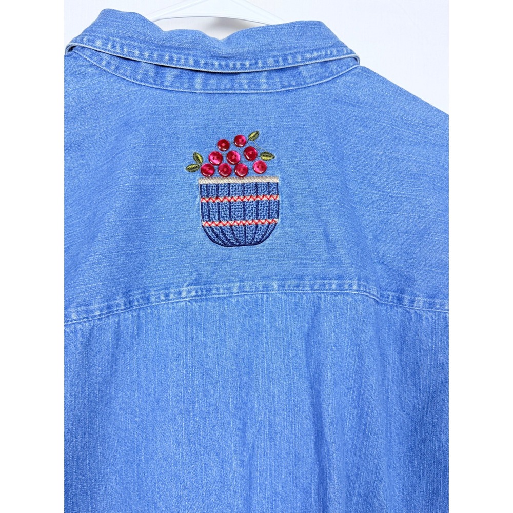Denim Button Down Fall Autumn vtg Plus Size 1X Blue Cotton Embroidered Apples - Picture 6 of 10